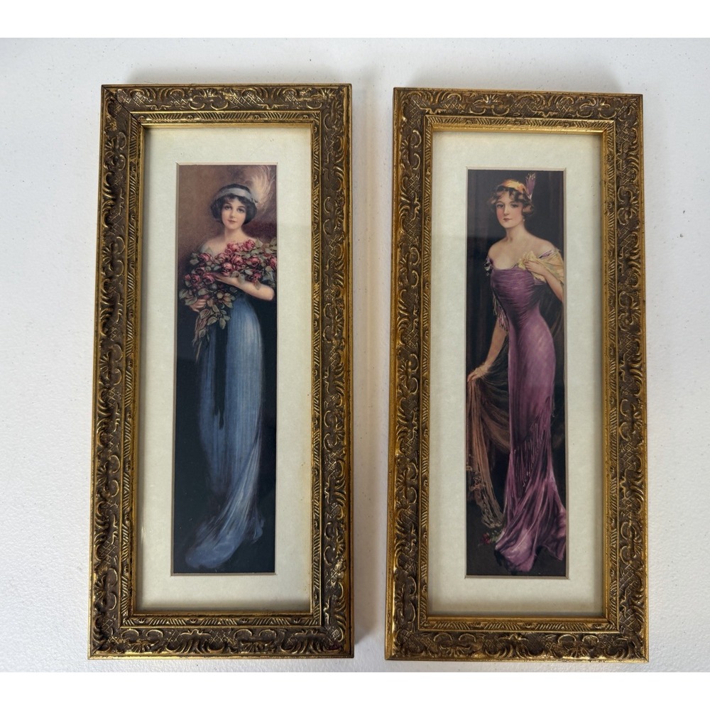 Gallery Graphics Framed Lady Prints Gold Frames 12"x5.25" Victorian Art Deco Set
